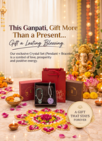 A festive product display featuring an exclusive crystal pendant and bracelet set in an open black box, surrounded by red and brown gift boxes, marigold flowers, lit candles, and a decorative Ganesh statue in the background. Promotional text reads, 'This Ganpati, Gift More Than a Present.